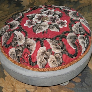 French Antique Beadwork Stool/Circa 1900s Gustavian Paint Base/ Red White-Clear Beads/...French Manoir/