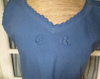 Antique French Cotton Chemise/Scalloped Neck/Arms/ Hand Embroidered CR Monogram on Neckline.