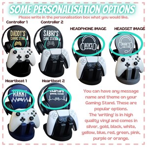 May include: Image of gaming stand options with personalized text. The image shows stands with controllers and headsets. Text includes "DADDY'S GAMING STAND", "SABRI'S GAME STATION", "BEN'S HEADPHONES", "MARK'S GAME STATION", "HAKKI", and "Charlie's gaming station".