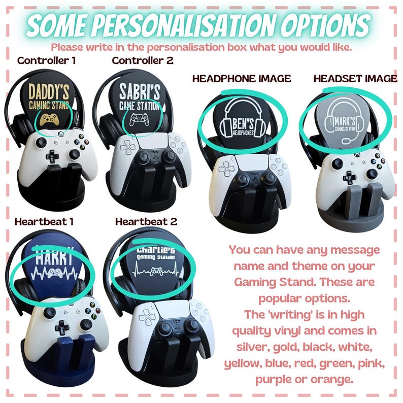 May include: Image of gaming stand options with personalized text. The image shows stands with controllers and headsets. Text includes "DADDY'S GAMING STAND", "SABRI'S GAME STATION", "BEN'S HEADPHONES", "MARK'S GAME STATION", "HAKKI", and "Charlie's gaming station".