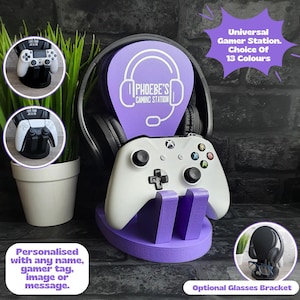 May include: Purple gaming station with a headset holder, a controller stand, and an optional glasses bracket. The station is personalised with the text "PHOEBE'S GAMING STATION".