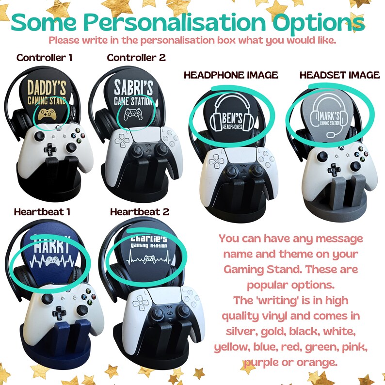 May include: A set of six personalised gaming stands for controllers and headphones. The stands are available in different colours and feature a variety of designs, including a heartbeat graphic, a gaming station graphic, and a personalised name. The stands are made of high-quality vinyl and come in silver, gold, black, white, yellow, blue, red, green, pink, purple, or orange.