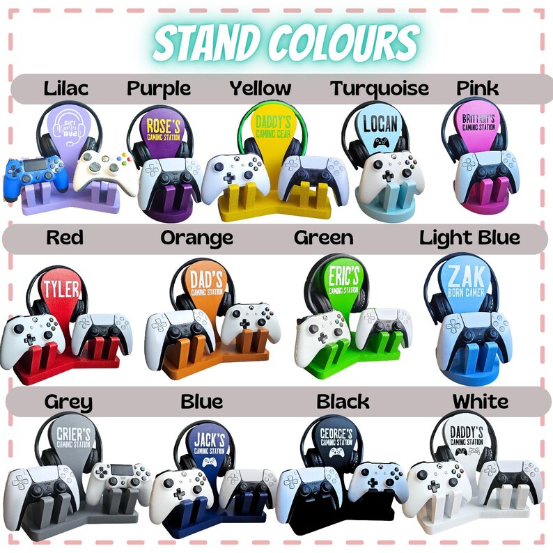 May include: A selection of gaming controller stands in a range of colours: lilac, purple, yellow, turquoise, pink, red, orange, green, light blue, grey, blue, black, and white. Each stand holds a headset and two controllers, with names on the headset stands.