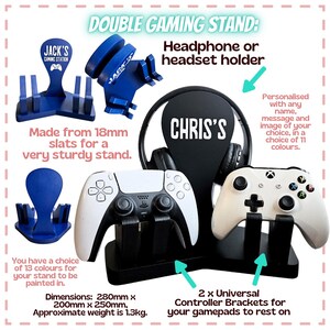 May include: A black and white double gaming stand with a headphone holder and two universal controller brackets. The stand is personalized with the name "CHRIS'S". The dimensions are 28cm x 20cm x 25cm, and the approximate weight is 1.3kg.