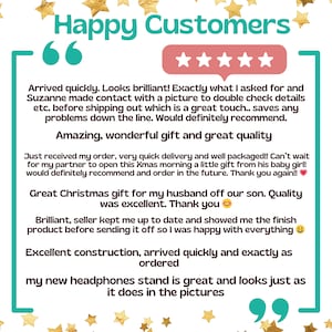 May include: Five-star customer reviews for a product. The reviews highlight the quick delivery, excellent quality, and great communication from the seller. The text includes phrases like "arrived quickly", "looks brilliant", "amazing, wonderful gift", "great quality", "excellent construction", and "great and looks just as it does in the pictures".