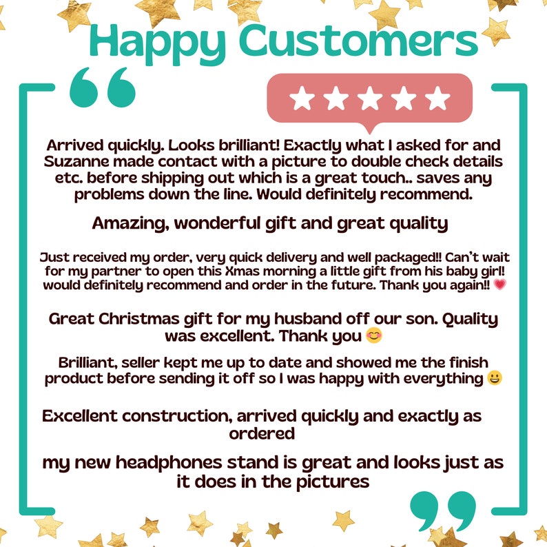 May include: Five-star customer reviews for a product. The reviews highlight the quick delivery, excellent quality, and great communication from the seller. The text includes phrases like "arrived quickly", "looks brilliant", "amazing, wonderful gift", "great quality", "excellent construction", and "great and looks just as it does in the pictures".