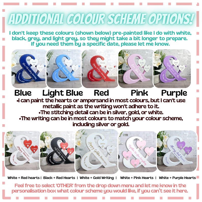 May include: A collection of ampersand-shaped wooden signs featuring attached heart-shaped ornaments. The signs are displayed in various colour combinations including blue, light blue, red, pink, purple, black, and white, with custom text.