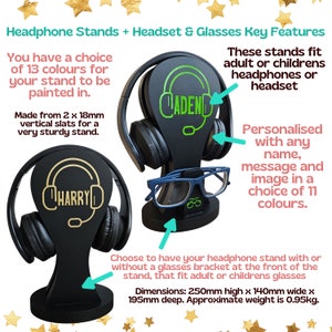 May include: Two black headphone stands with personalised names, "Harry" and "Aden", in gold lettering. The stands are made of wood and have a glasses bracket. The stands are 250mm high x 140mm wide x 195mm deep and weigh 0.95kg.