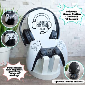 May include: White wooden gaming station with a black headset, a white controller, and a personalised sign that says "Jason's Gaming Station Love Jen". The station has an optional glasses bracket.