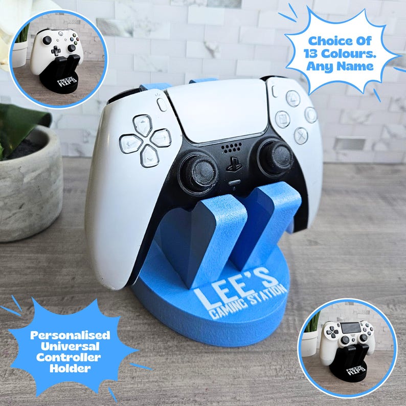 May include: A blue personalised gaming controller holder with the name "LEE'S GAMING STATION" printed on the front. The holder is designed to hold a white video game controller.