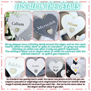 May include: A collection of heart-shaped wooden plaques featuring personalised names like Callum, Mersedeh, Nisar, Eddie, Leon, Elijah, and Kitana. The plaques display stitched edges, vinyl lettering in white, silver, or gold, and decorative accents.