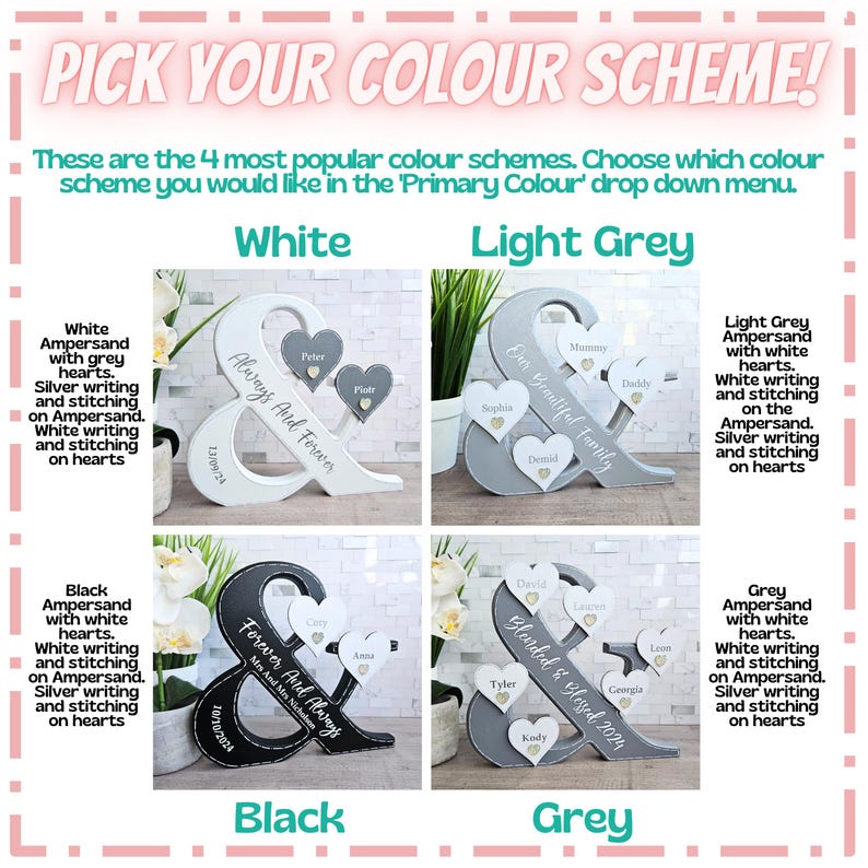 May include: A decorative ampersand sign featuring four colour schemes: white, light grey, black, and grey. Each sign includes heart-shaped attachments with names and text such as Always And Forever, Our Beautiful Family, Forever And Always, and Blended & Blessed 2024.