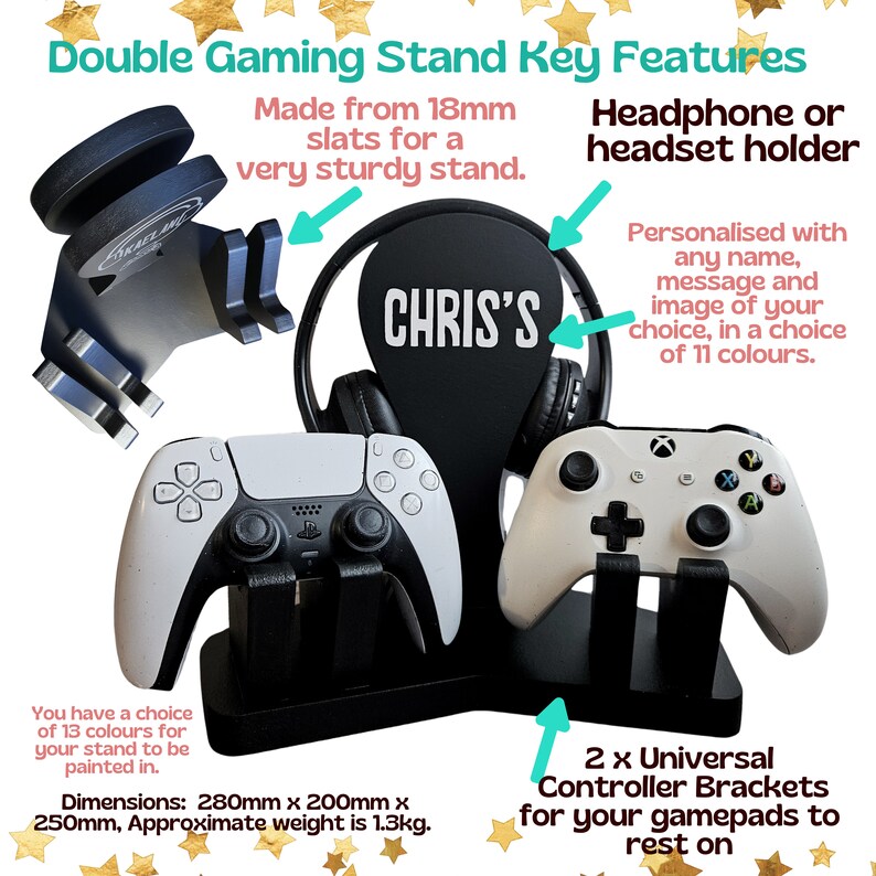 May include: A black wooden stand for two video game controllers, with a headphone or headset holder. The stand is made from 18mm slats and can be personalised with a name, message, or image in 11 colours. The stand measures 280mm x 200mm x 250mm and weighs 1.3kg.