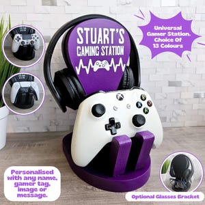 May include: Purple gaming station with a personalized sign that says "STUART'S GAMING STATION" with a heartbeat graphic and a controller, headset, and optional glasses bracket.