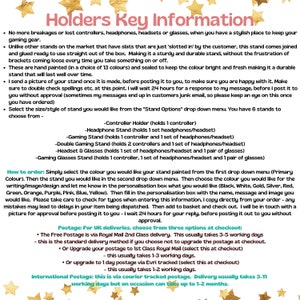 May include: A guide to ordering custom-made stands for controllers, headphones, and headsets. The stands are available in 13 colours and come in six different styles. The guide includes information on how to order, shipping options, and international postage.