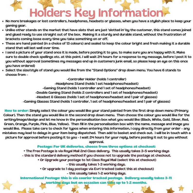 May include: A guide to ordering custom-made stands for controllers, headphones, and headsets. The stands are available in 13 colours and come in six different styles. The guide includes information on how to order, shipping options, and international postage.