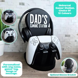 May include: A black gaming station with a white controller, headphones, and a sign that says "DAD'S GAMING STATION". The station is personalized with any name, gamer tag, image, or message. It comes in 13 colors.