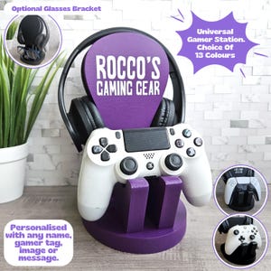 May include: Purple gaming station with a personalised sign that says "ROCCO'S GAMING GEAR". The station includes a headset holder, a controller stand, and an optional glasses bracket.