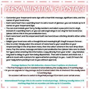 May include: A white informational sign with pink borders and text titled PERSONALISATION & POSTAGE. It details instructions for customising an ampersand name sign, including options for heart accents, paw prints, angel wings, and stitching details.