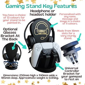 May include: A white gaming console stand with a black headset holder, a controller holder, and an optional glasses bracket. The stand is made from 18mm slats and is 250mm high, 140mm wide, and 195mm deep. It weighs 0.95kg. The stand can be personalised with a name, message, or image in 11 colours.
