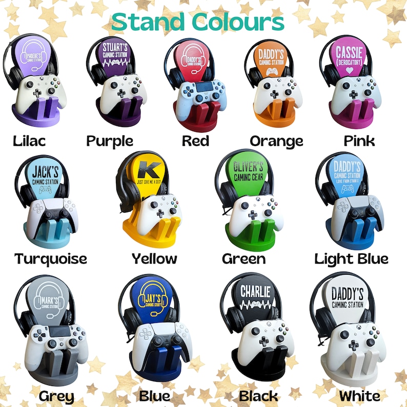 May include: A display of 12 different coloured gaming headset stands. Each stand features a different colour and a personalised name on the headset. The names include Jack's, Stuart's, Daddy's, Cassie, K, Oliver's, Charlie, Mark's, Jay's, and Daddy's.