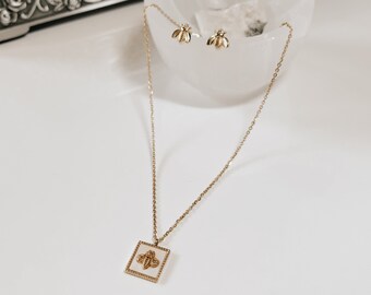 Bridgerton Inspired Bee Necklace and Earrings Gold Plated