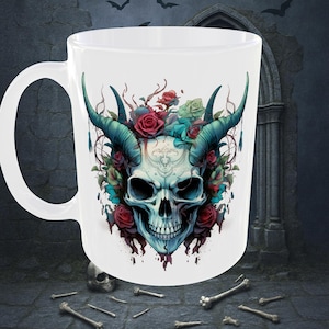 Gothic Satanic Skull Art Coffee Mug 11oz – Occult Ceramic Cup with Dark Gothic Art | Witchy Wiccan Home Décor | Unique Gift for Goths