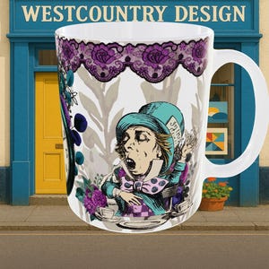 Goth / Gothic gift Alice in Wonderland Ceramic Mad Hatter Coffee Mug. Featuring Mad Hatter, Duchess and Alice. Also available 6 mug set.