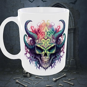 Gothic Satanic Skull Art Coffee Mug 11oz – Occult Ceramic Cup with Dark Gothic Art | Witchy Wiccan Home Décor | Unique Gift for Goths