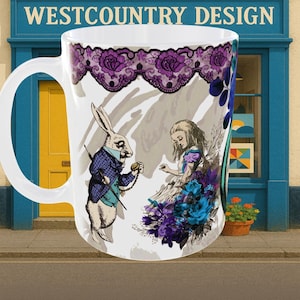 Goth / Gothic gift Alice in Wonderland White Rabbit Coffee Mug. Featuring White Rabbit, and Humpty Dumpty. Also available 6 mug set.