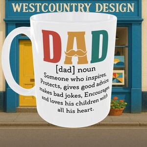 Birthday Dad / Fathers Day Ceramic Coffee Mug, Heartfelt Gift for Him. Ceramic Novelty Mug with The qualities of a good dad Design.