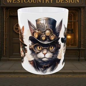 Gothic Steampunk Gift Cats Ceramic Coffee Mug 11oz Victorian Cogs & Gears Design – Unique Steampunk Coffee Cup, Cat Lover Gift, Gothic Decor