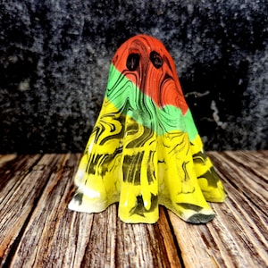 Adopt a Ghost - Collectible Ornamental Ghost Figurine – Rasta Colours with Black Swirls – Unique Spooky Decor – Limited Edition Gift