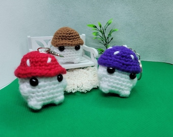Mushroom Guy, Small Handmade Crochet Mushroom Toy, perfect for keychain or hanging rearview mirror charm