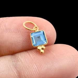 14k Gold Blue Topaz Charm: Handmade Dainty Gemstone Pendant