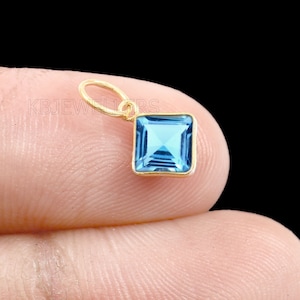 Handmade 14k Gold Blue Topaz Charm: Square Gemstone Pendant