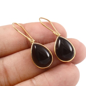 Handmade 14k Gold Black Onyx Drop Earrings: Pear Gemstone Earring