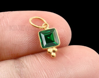 14k Gold Emerald Charm Pendant: Handmade Dainty Square Gem