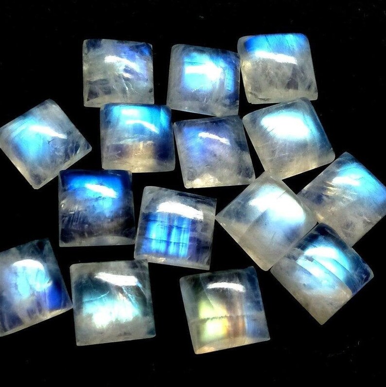 Natural White Rainbow Gemstone Square Shape Cabochon Handmade Stone Blue Fire Stone Jewelry Pair Stone