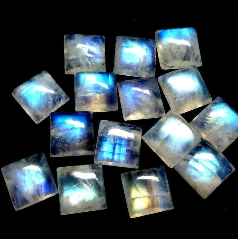 Natural White Rainbow Gemstone Square Shape Cabochon Handmade Stone Blue Fire Stone Jewelry Pair Stone