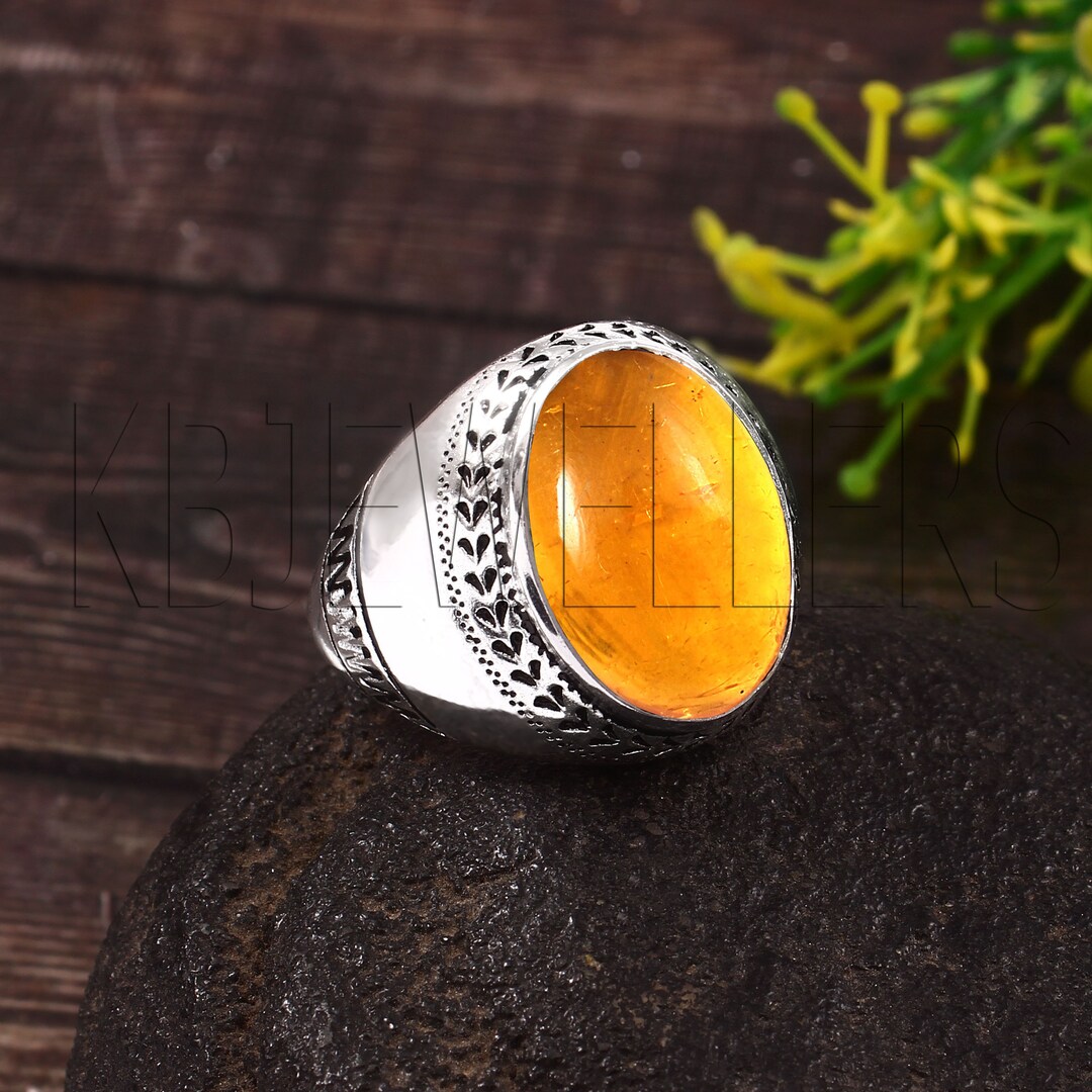 Solid 925 Sterling Silver Baltic Amber Gemstone Mens Ring, Handmade