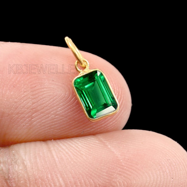 Emerald Charm, Solid 18k Gold Charm, Handmade Charm, Lab Created Gemstone Charm, Dainty Charm, Gold Charm Pendant, Minimalist Gold Charm