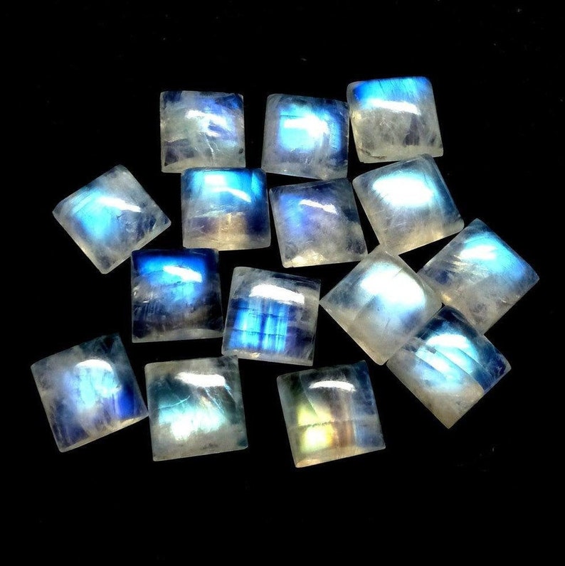 Natural White Rainbow Gemstone Square Shape Cabochon Handmade Stone Blue Fire Stone Jewelry Pair Stone