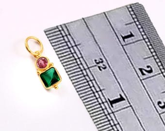 Tiny 14k Gold Pendant: Pink Tourmaline & Emerald Charm