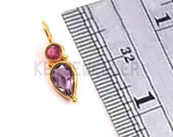 14Kゴールド アメジスト ペンダント型チャーム 14k Gold Pink Tourmaline & Amethyst Pendant: Handmade Charm - Etsy