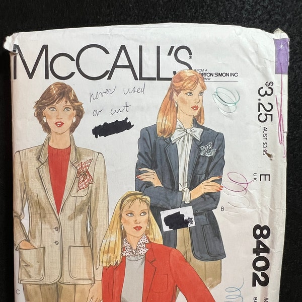 McCall's Sewing Pattern 8402 Misses' Jacket Size 10 Bust 32-1/2 FF UNCUT