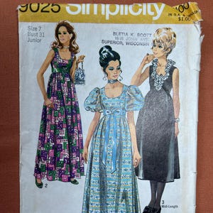 May include: Vintage Simplicity sewing pattern featuring three dress designs. The pattern includes a size 7, bust 31, and is labeled as Junior. The cover art showcases illustrations of the dresses, with a price tag of $1.00.