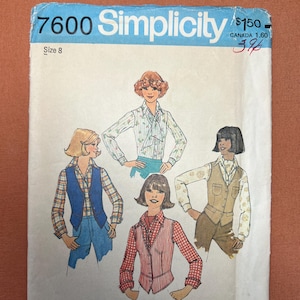 May include: Vintage Simplicity sewing pattern, size 8, featuring illustrations of women's clothing designs. The pattern includes drawings of blouses, vests, and a jacket. The cover has the text "7600 Simplicity" in blue and white.