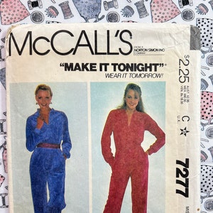 May include: McCall's sewing pattern number 7277 for a petite jumpsuit. The pattern includes instructions for making a blue jumpsuit and a red jumpsuit. The pattern is for stretch knits only. The text "Make it Tonight, Wear it Tomorrow!" is printed on the pattern.