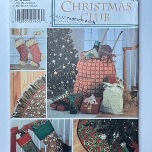May include: A Simplicity Christmas Club sewing pattern. The pattern features images of Christmas stockings, a tree skirt, and gift bags. The pattern includes the text "ONE SIZE" and the number "7044".